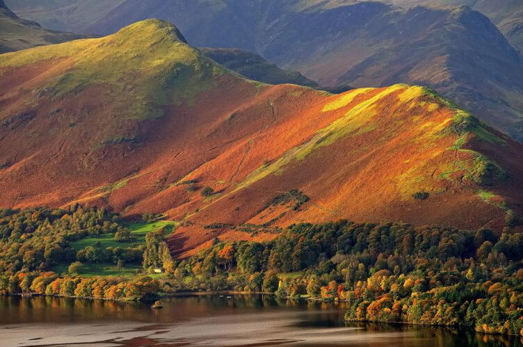 Autumn fells above a still lake in the Lake District, with bracken turning copper and gold.