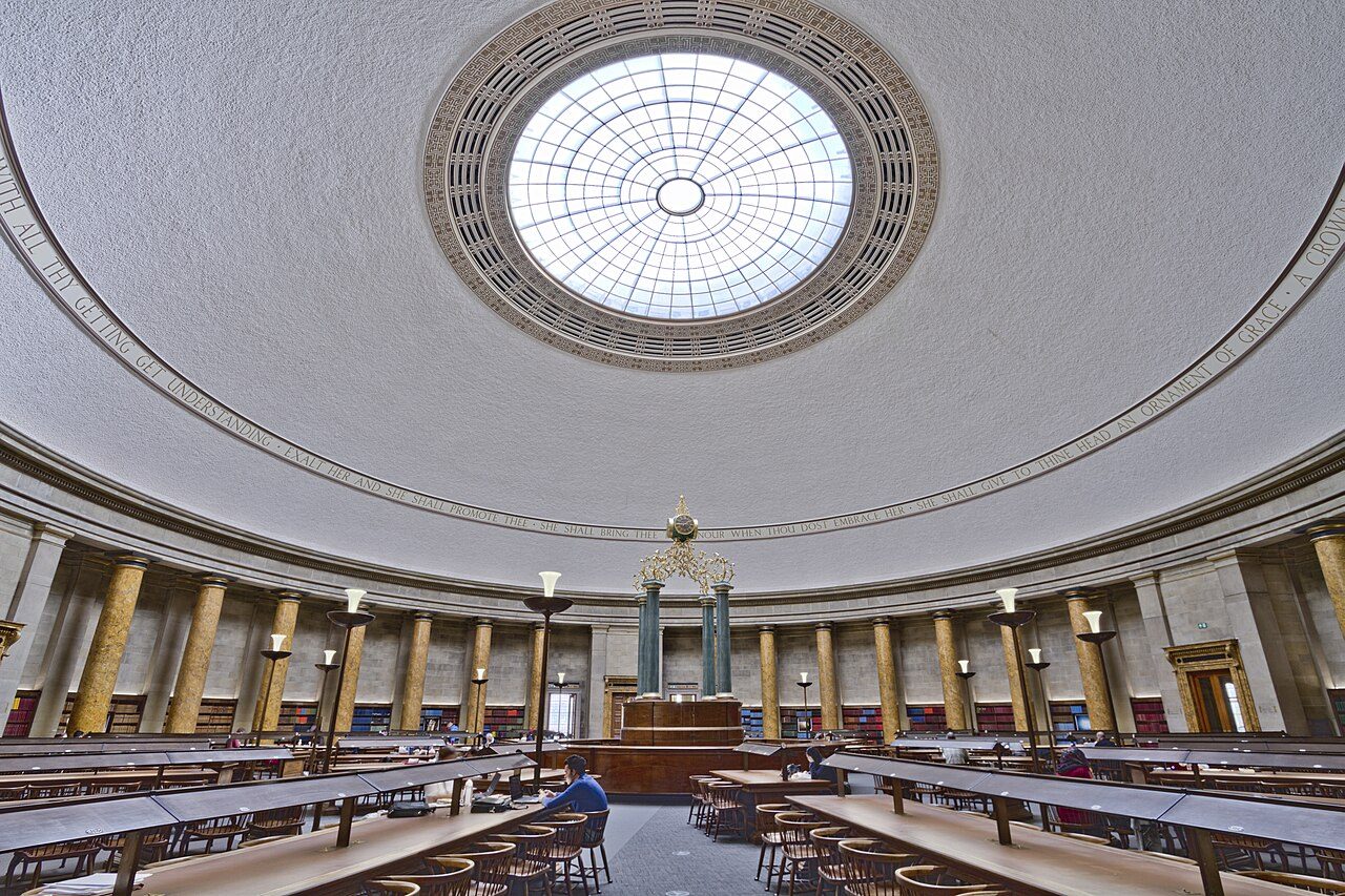 The columned portico of Manchester Central Library across St Peter’s Square.