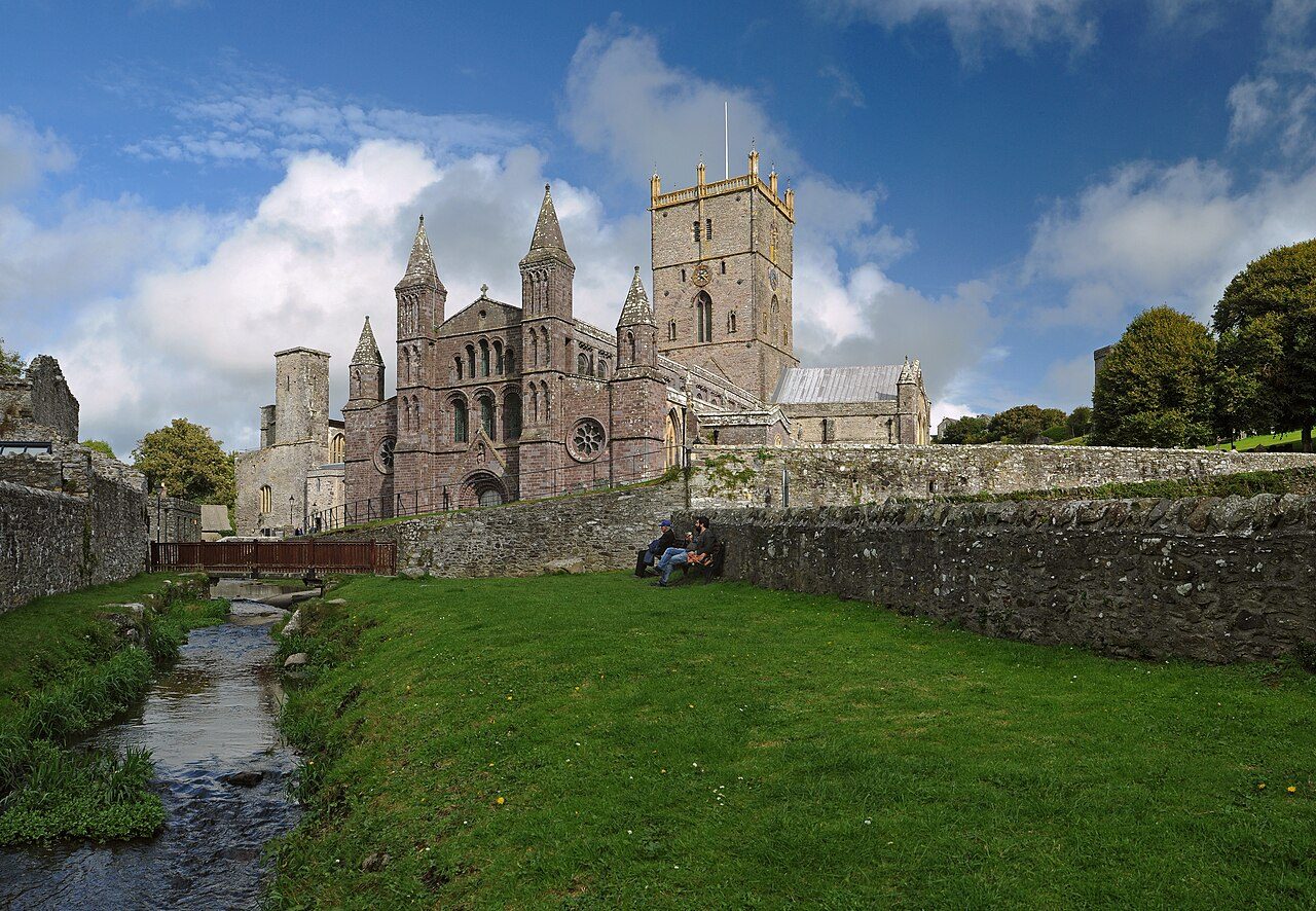 St Davids Cathedral in its hollow, with the river and fields of Pembrokeshire beyond.