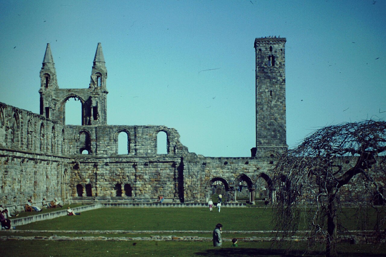 The ruins of St Andrews Cathedral, with the tower against a bright sky.